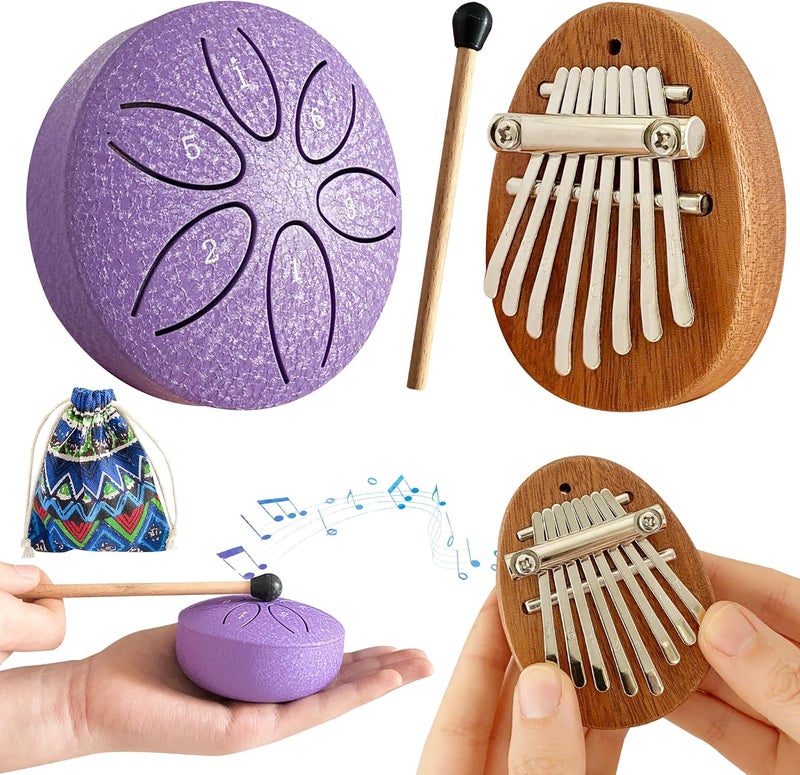 Jongdari Mini Rain Drum and Kalimba Thumb Piano, 2pcs Mini Musical Instruments 8 Key Exquisite Finger Thumb Piano and 3 Inch 6 Notes Metal Steel Tongue Drum for Adult Beginners (Purple) - Image 1
